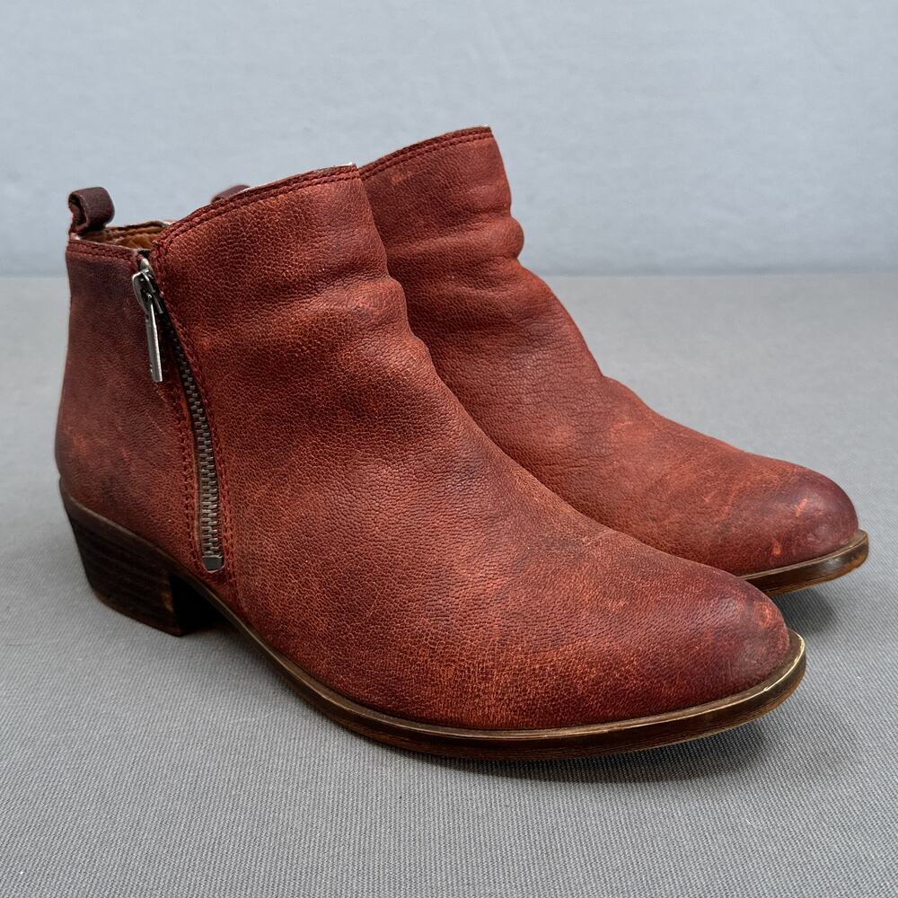 Lucky Brand Leather Basel Booties Womens 7.5 Brown Double Side Zip Western Boho